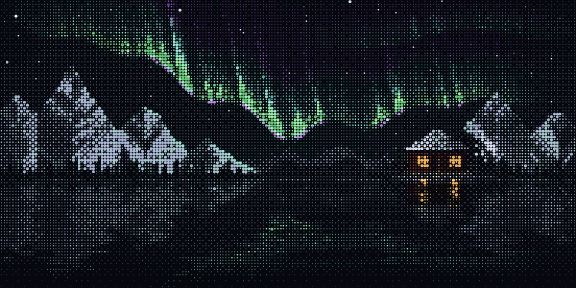 Aurora curtains above a fjord, with a lit cabin on the shore.